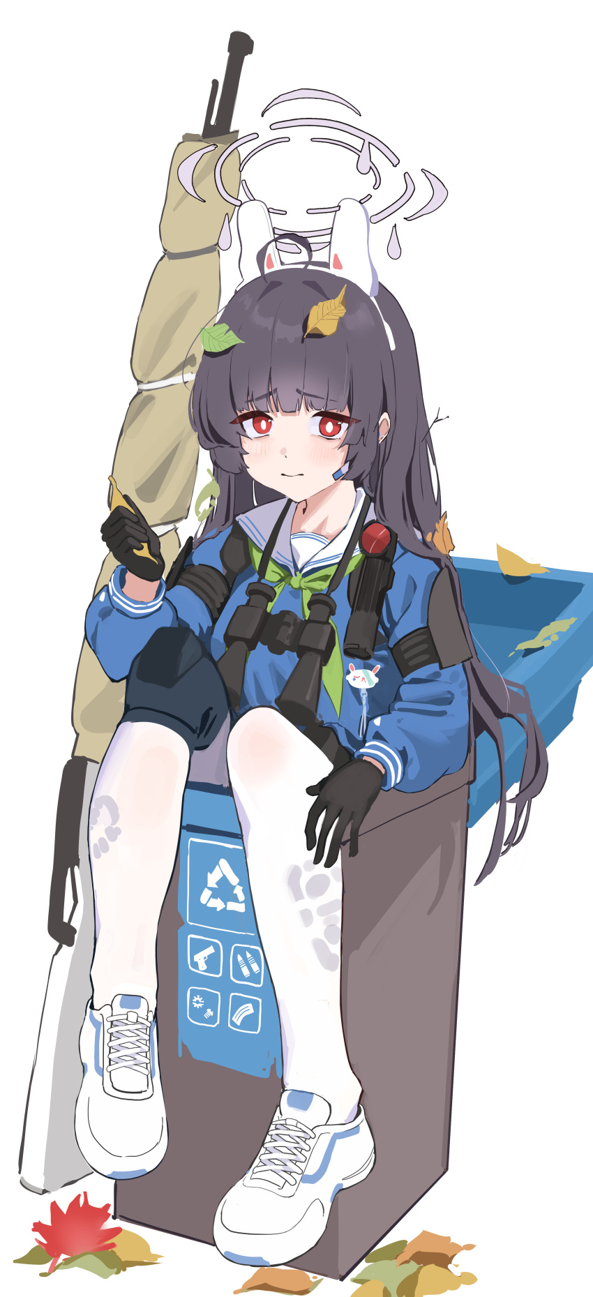 1girl absurdres ahoge autumn_leaves binoculars black_gloves blue_archive blue_serafuku blush closed_mouth commentary_request gloves green_neckerchief grey_halo gubbi_on gun halo highres korean_commentary long_hair long_sleeves looking_at_viewer miyu_(blue_archive) neckerchief red_eyes sailor_collar school_uniform serafuku shoes simple_background sitting solo weapon white_background white_footwear white_sailor_collar