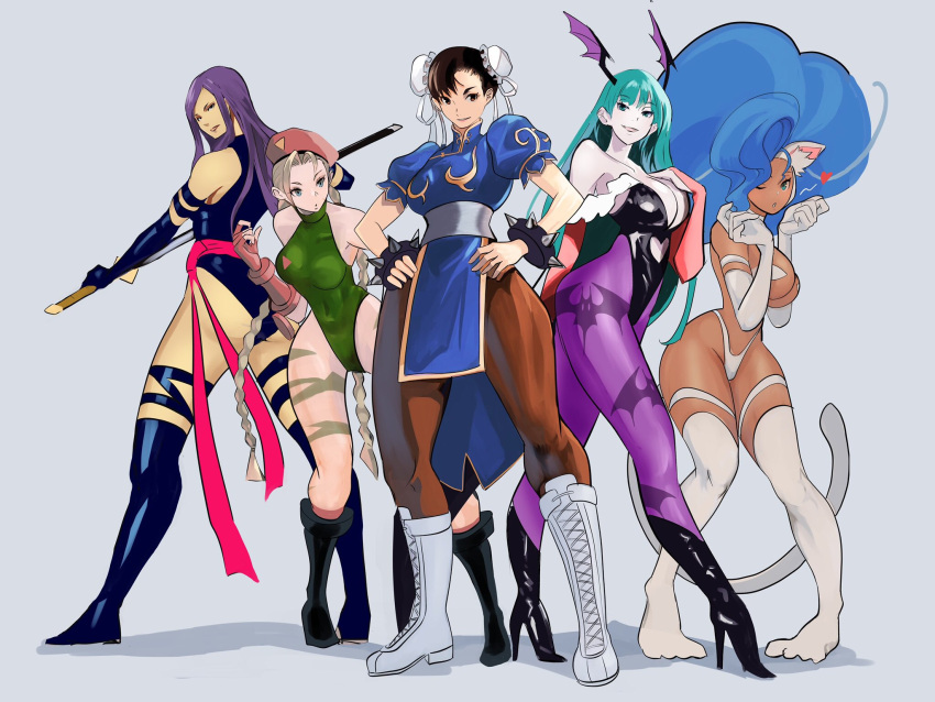 5girls bracelet cammy_white capcom chun-li double_bun felicia_(vampire) hair_bun high_heels highres jewelry leotard meke_(77842928) morrigan_aensland multiple_girls psylocke simple_background spiked_bracelet spikes street_fighter vampire_(game)