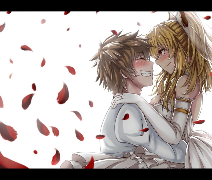 1boy 1girl bare_shoulders blonde_hair blush bow breasts brown_hair character_request closed_mouth commentary_request couple dress elbow_gloves eyebrows_visible_through_hair eyes_closed face-to-face from_side gloves granblue_fantasy hair_between_eyes hair_bow happy hetero highres hug jacket jewelry large_breasts letterboxed long_dress long_sleeves petals profile red_eyes ring rose_petals sanmotogoroo sideways_mouth simple_background smile veil vira_lilie wedding_band wedding_dress white_background white_dress white_gloves white_jacket