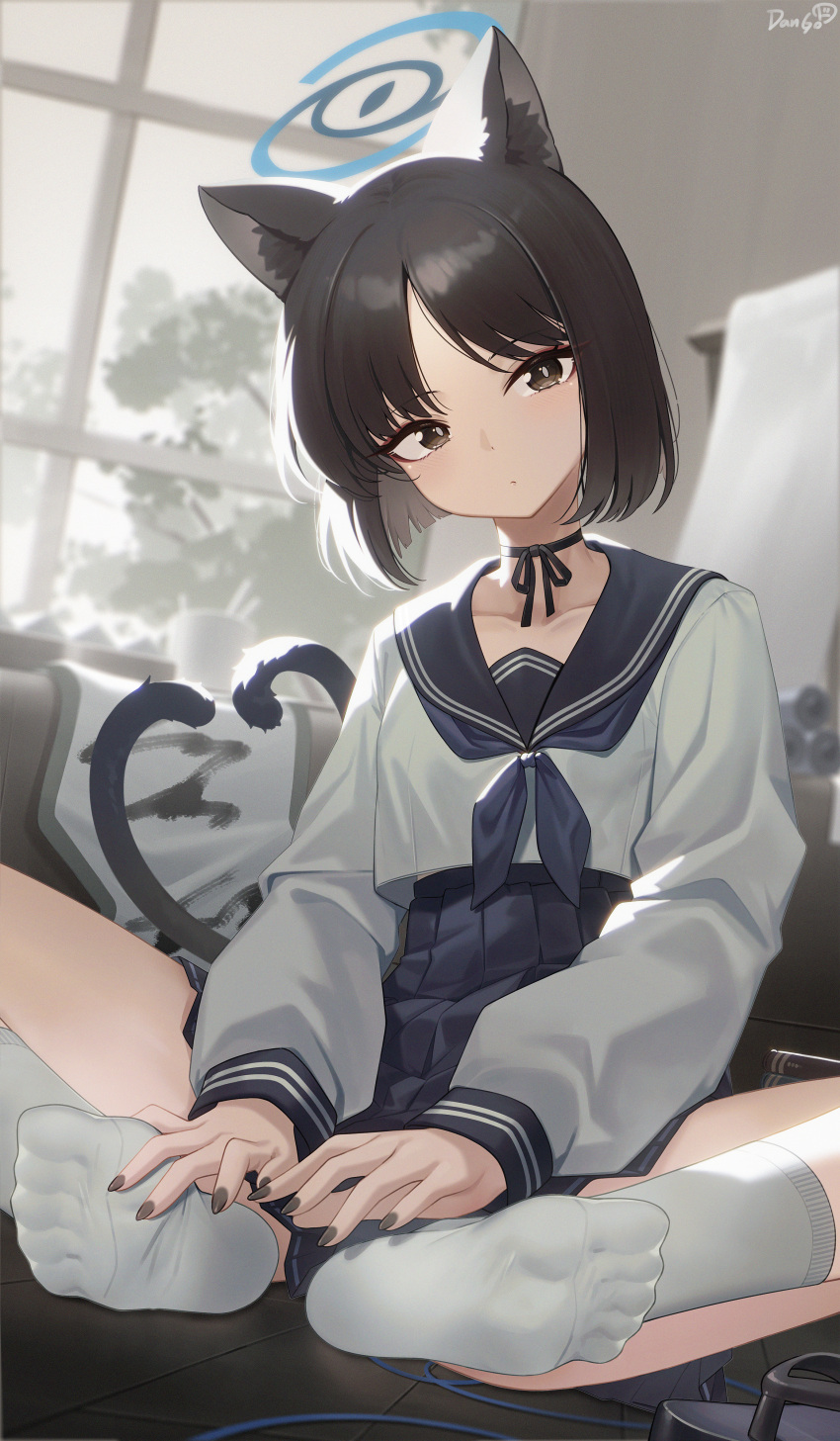 1girl absurdres animal_ears black_eyes black_hair black_nails black_sailor_collar black_skirt blue_archive blue_halo blue_neckerchief blush cat_ears cat_tail closed_mouth collarbone dango_remi fingernails halo highres indoors kikyou_(blue_archive) long_sleeves looking_at_viewer multiple_tails nail_polish neckerchief pleated_skirt sailor_collar sandals school_uniform serafuku shoes short_hair signature skirt socks solo tail two_tails unworn_shoes white_socks