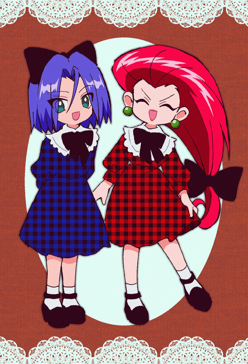 1boy 1girl animal_ears blue_hair cat_ears chibi closed_eyes crossdressing dress earrings green_eyes hair_ribbon happy highres james_(pokemon) jessie_(pokemon) jewelry macchiromomomo pokemon pokemon_(anime) red_hair ribbon smile