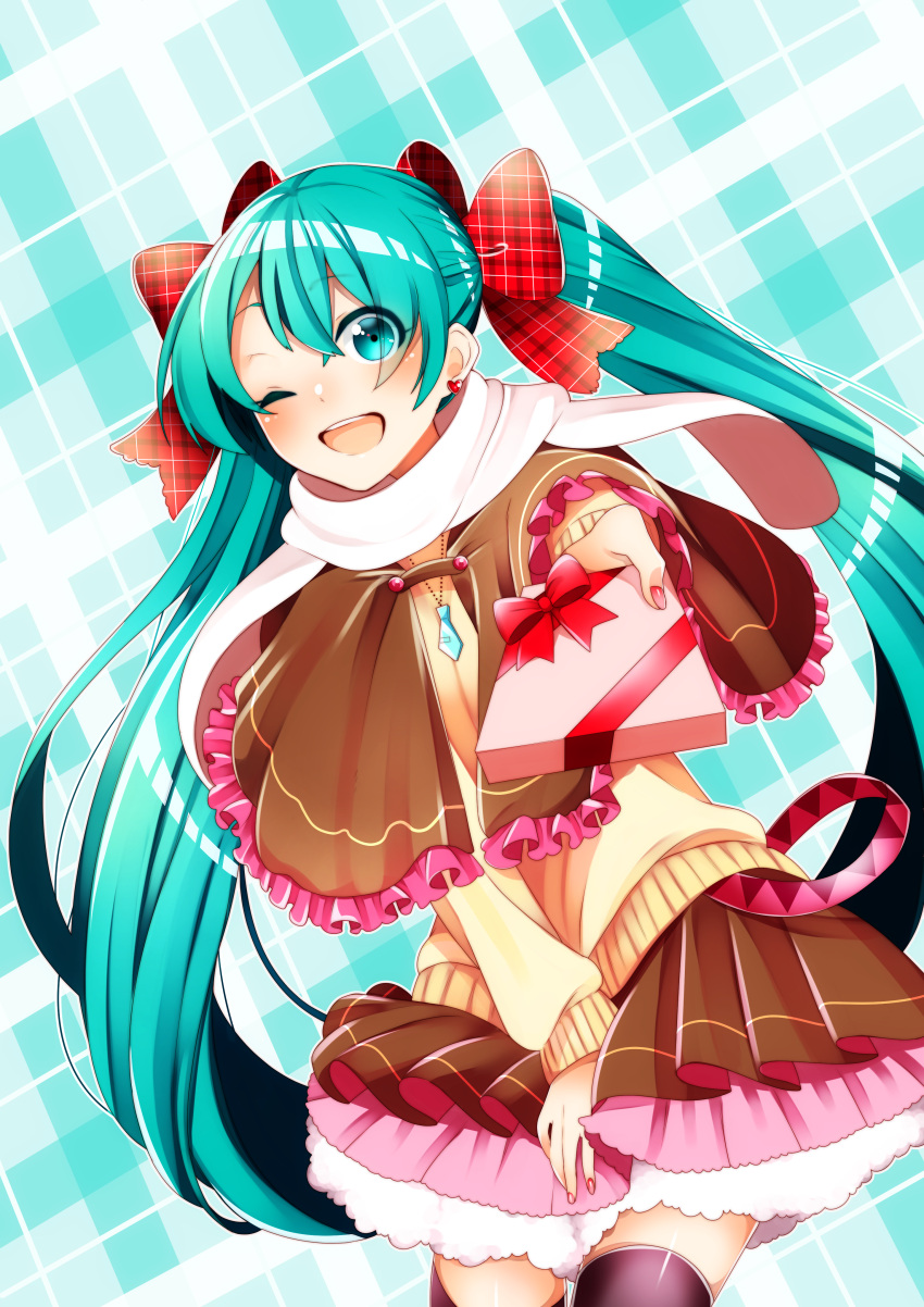 1girl absurdres blue_eyes blue_hair blush bow capelet earrings frilled_capelet frills gift hair_bow hatsune_miku heart heart_earrings highres holding holding_gift jewelry layered_skirt long_hair long_sleeves masumofu nail_polish necklace one_eye_closed open_mouth plaid plaid_background plaid_bow reaching reaching_towards_viewer scarf skirt smile solo sweater thighhighs valentine very_long_hair vocaloid