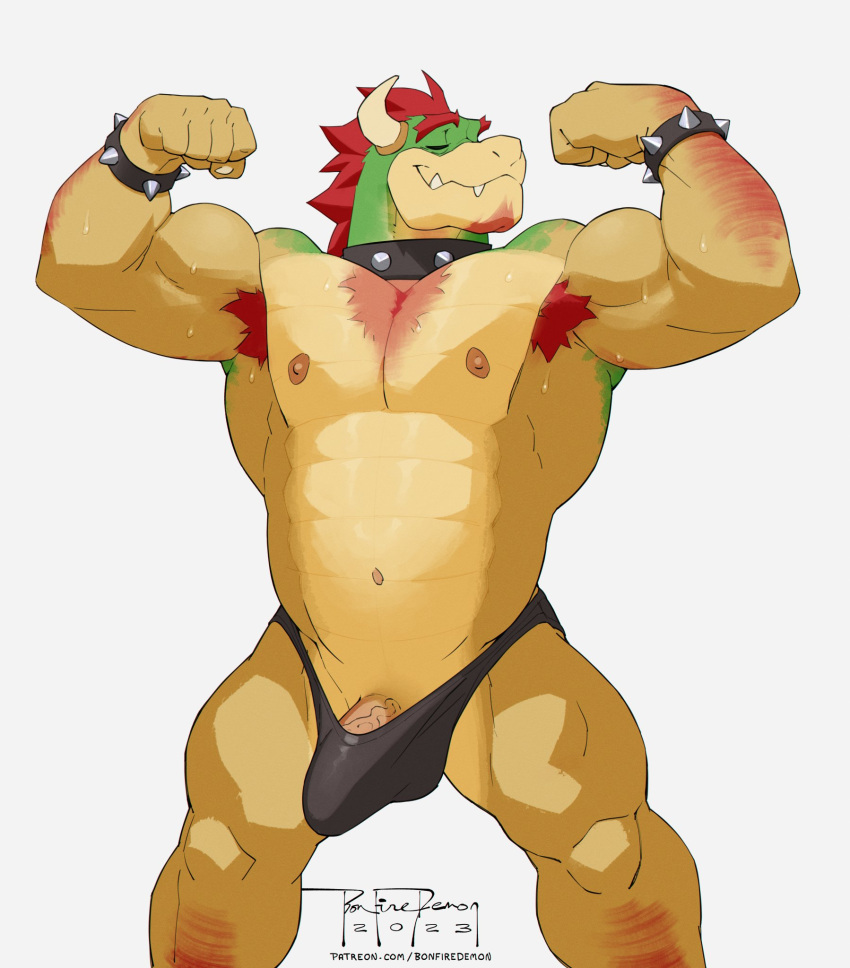 anthro armpit_hair beard body_hair bonfiredemon bowser chest_tuft erection facial_hair flexing genitals hairy_arms hairy_legs hi_res horn koopa male mario_bros muscular muscular_male nintendo penis scalie solo tenting tuft vein veiny_penis