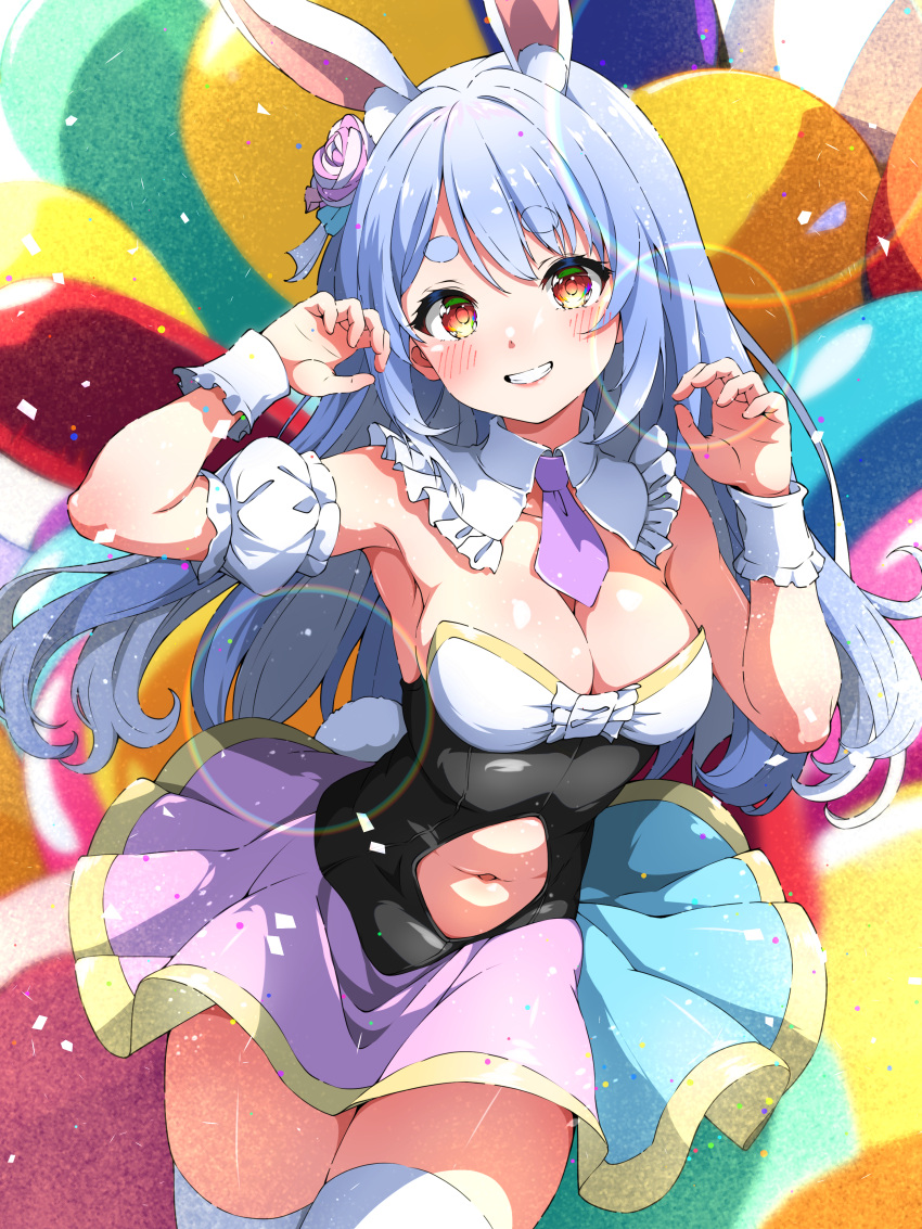 1girl absurdres animal_ears anime_coloring bare_shoulders blue_bow blue_bowtie blush bow bowtie breasts clothing_cutout detached_collar detached_sleeves flower hair_flower hair_ornament highres hololive isakoro_(hx9cj) long_hair looking_at_viewer medium_breasts multicolored_clothes navel navel_cutout necktie orange_eyes rabbit_ears skirt smile solo thighhighs thighs usada_pekora white_thighhighs wrist_cuffs