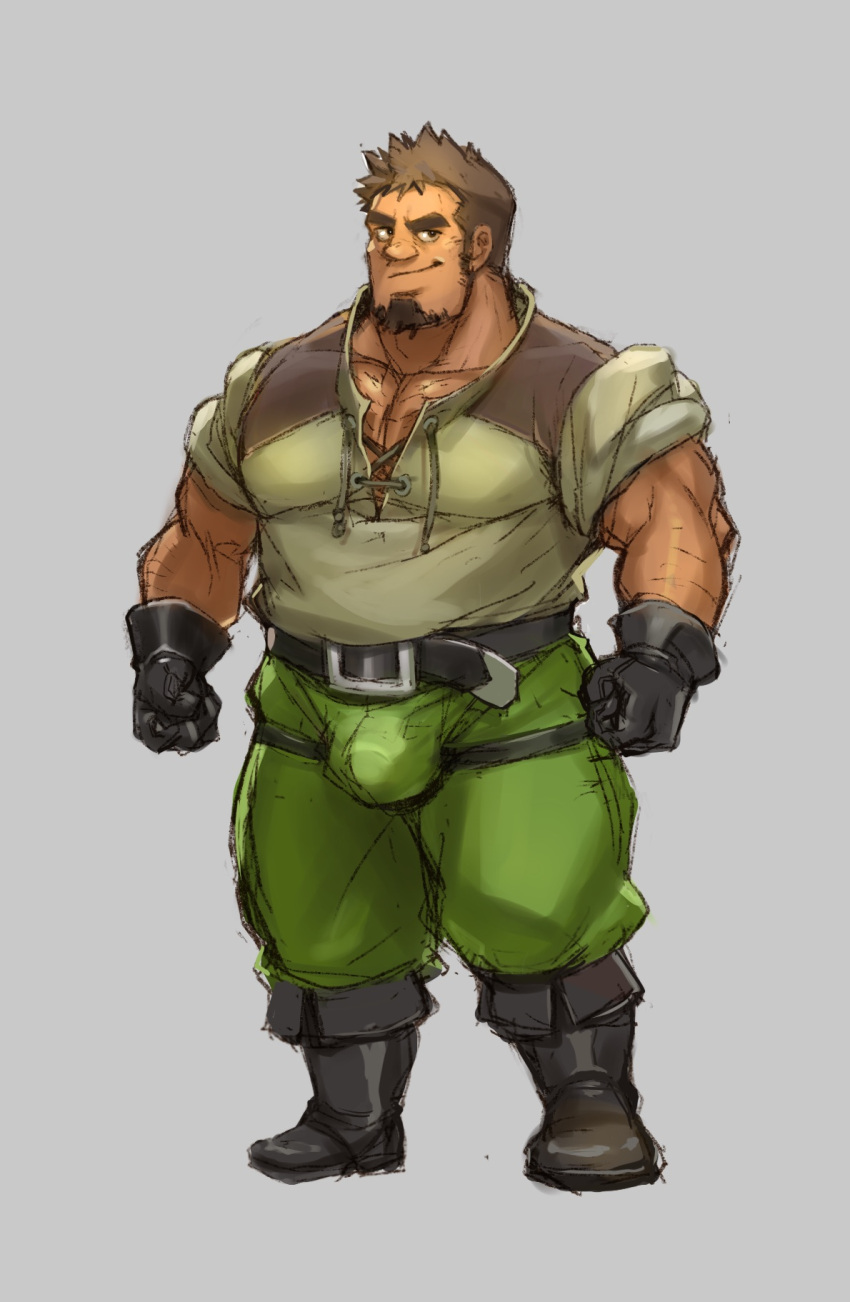1boy bara beard belt boots bulge_lift cross-laced_slit dark-skinned_male dark_skin facial_hair framed_crotch full_body gamma_dh goatee highres large_pectorals long_sideburns looking_at_viewer male_focus mature_male muscular muscular_male original pants pectoral_cleavage pectorals short_hair sideburns sideburns_stubble solo sparse_arm_hair sparse_chest_hair thick_beard thick_eyebrows v-shaped_eyebrows