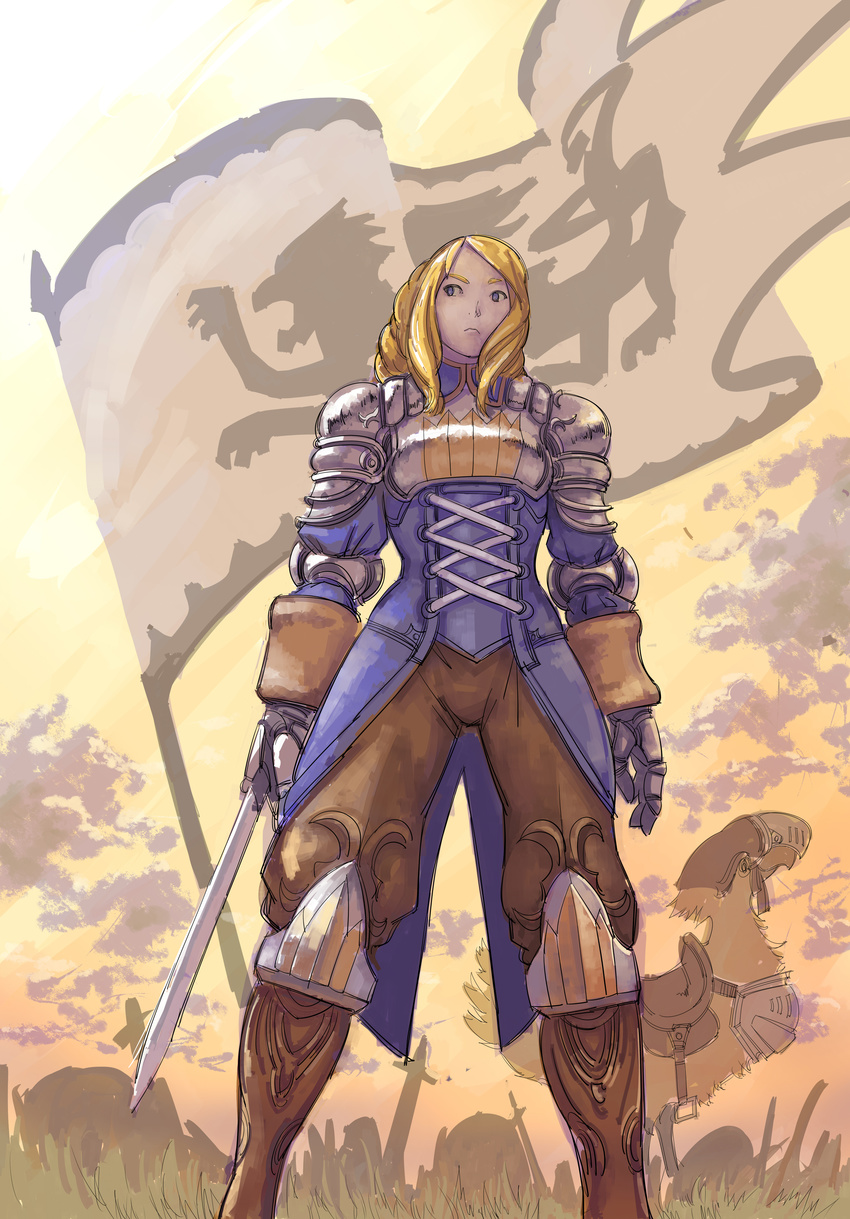 absurdres agrias_oaks armor blonde_hair blue_eyes boots breastplate chocobo final_fantasy final_fantasy_tactics flag frown gauntlets highres knee_boots ocean_(moguyobi) shoulder_pads sky solo sword weapon