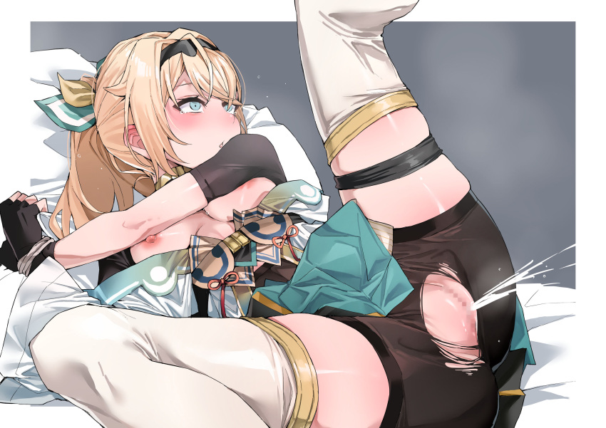 1girl black_gloves black_hairband black_shorts black_shrug blonde_hair blue_eyes blue_skirt bound bound_wrists bow breasts censored clothes_down cum female_ejaculation fingerless_gloves gloves hair_bow hairband highres hololive japanese_clothes kazama_iroha kazama_iroha_(1st_costume) kimono long_hair lying medium_breasts mosaic_censoring multicolored_bow nipples on_bed open_mouth pleated_skirt ponytail pussy shorts shrug_(clothing) skirt solo spread_legs tears thigh_strap thighhighs torn_clothes torn_shorts virtual_youtuber white_kimono white_thighhighs yuukauta