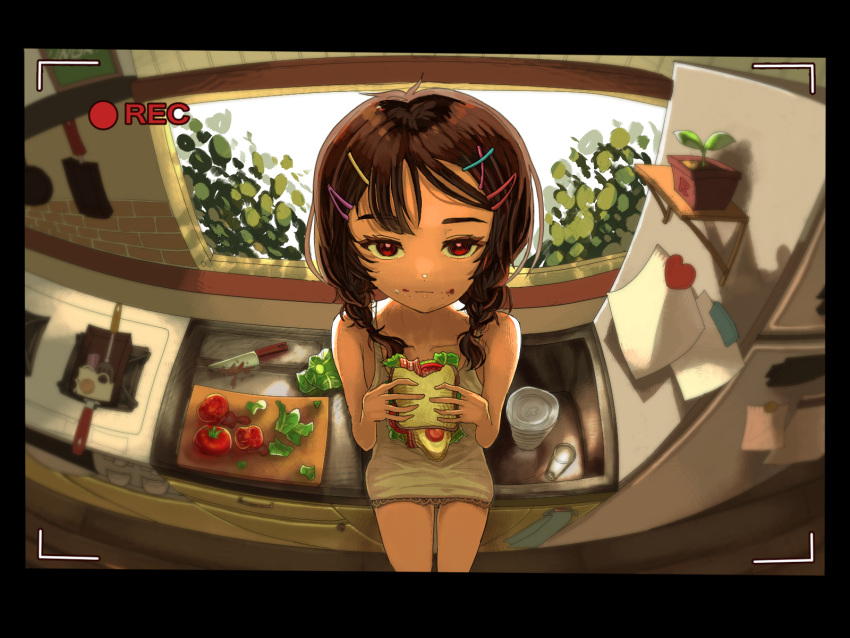 1girl bacon black_border border braid brown_hair chemise closed_mouth commentary cutting_board eating fisheye food food_on_face fried_egg from_above frying_pan hair_ornament hairclip highres holding holding_food holding_sandwich indoors kagenoyuhi kitchen knife lettuce long_hair looking_at_viewer original plant potted_plant recording red_eyes sandwich sink sitting solo spaghetti_strap spatula stove tomato twin_braids viewfinder window