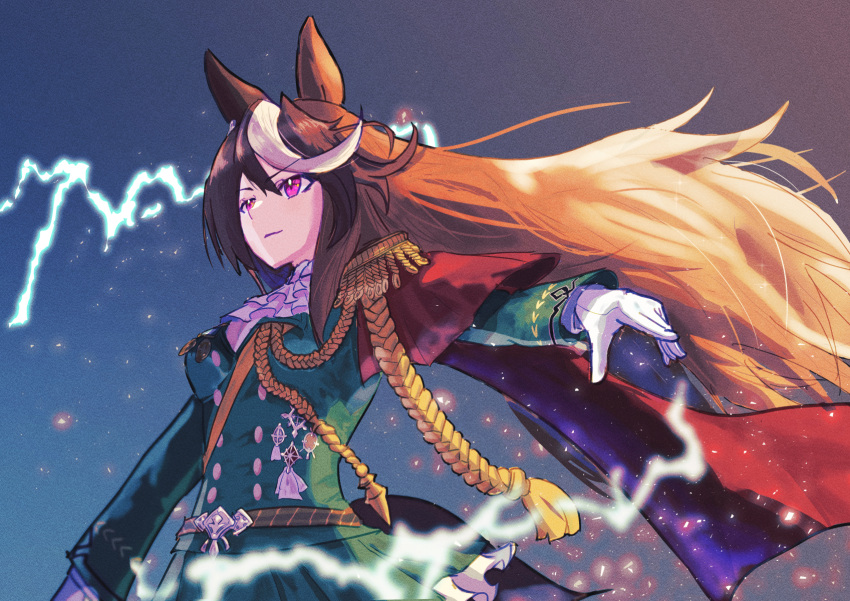 1girl aiguillette animal_ears ascot breasts brown_hair buttons cape commentary_request double-breasted earrings epaulettes gloves green_jacket green_skirt hair_between_eyes harakomeshi highres horse_ears horse_girl horse_tail jacket jewelry light_particles lightning long_hair long_sleeves medal medium_breasts multicolored_hair parted_lips purple_eyes red_cape single_earring single_epaulette skirt solo streaked_hair symboli_rudolf_(umamusume) tail umamusume white_ascot white_gloves white_hair