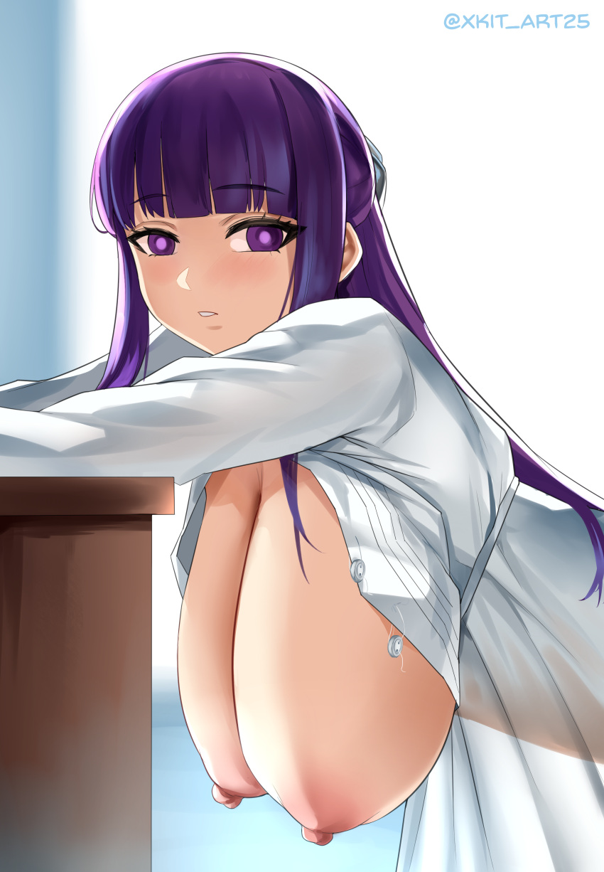 1girl absurdres blunt_bangs blush breasts breasts_out dress fern_(sousou_no_frieren) hanging_breasts highres large_breasts long_hair long_sleeves looking_at_viewer nipples open_clothes purple_eyes purple_hair sidelocks solo sousou_no_frieren white_dress xkit