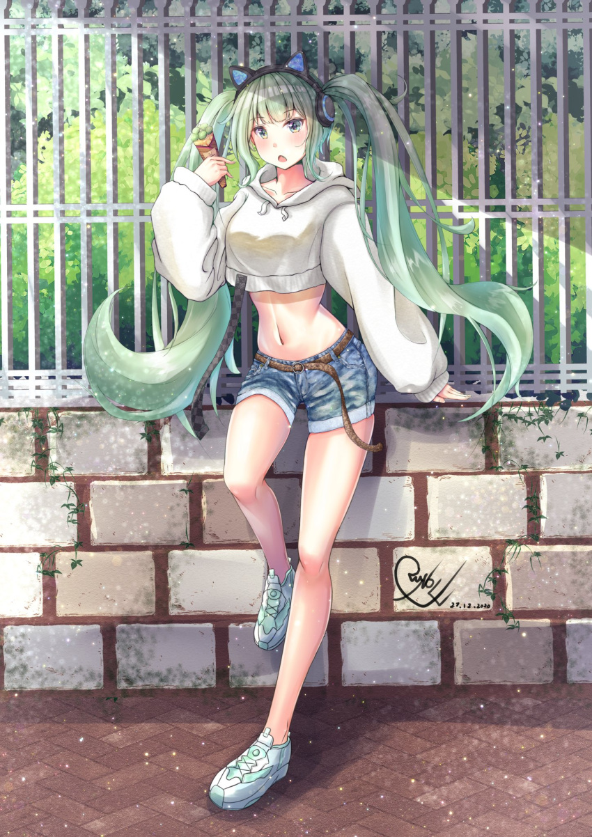 1girl alternate_costume animal_ear_headphones animal_ears belt blue_shorts blush brown_belt cat_ear_headphones collarbone commentary crop_top cropped_hoodie dated day denim denim_shorts drawstring fake_animal_ears fence fingernails food full_body green_eyes green_footwear green_hair grey_footwear hand_up hatsune_miku headphones highres holding holding_food hood hood_down hoodie knee_up leaning light_particles long_hair long_sleeves looking_at_viewer midriff navel open_mouth plant puffy_long_sleeves puffy_sleeves rope_belt runoe_305 shoes shorts signature sneakers solo symbol-only_commentary twintails very_long_hair vocaloid white_hoodie