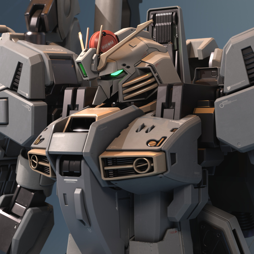 3d absurdres aqua_eyes blender_(medium) concept_art english_commentary glowing gundam gundam_sentinel highres incom_(gundam) machinery mecha mjeff mobile_suit no_humans realistic robot s_gundam science_fiction upper_body