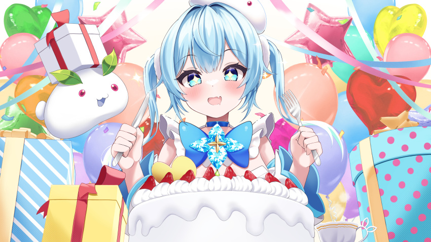 1girl balloon birthday blue_bow blue_eyes blue_hair blush bow box cake confetti cup elegant_(sumisumi4268) fang food fork fruit gift gift_box h.live heart_balloon highres holding holding_fork holding_knife knife long_hair luna_neige official_art open_mouth skin_fang sparkling_eyes star_balloon strawberry streamers teacup twintails virtual_youtuber white_headwear