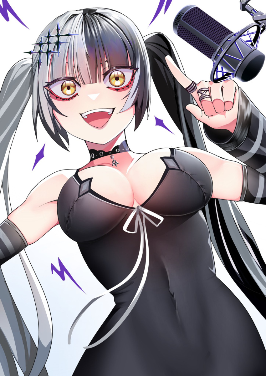 1girl :d bare_shoulders black_dress black_hair boom_microphone bow breasts choker covered_navel detached_sleeves dress hair_ornament highres hololive hololive_english jewelry large_breasts lightning_bolt_symbol looking_at_viewer microphone multicolored_hair pointing ring shiori_novella simple_background smile split-color_hair striped_sleeves teeth tight_clothes tongue twintails two-tone_hair upper_teeth_only vandel_six white_background white_bow white_hair yellow_eyes