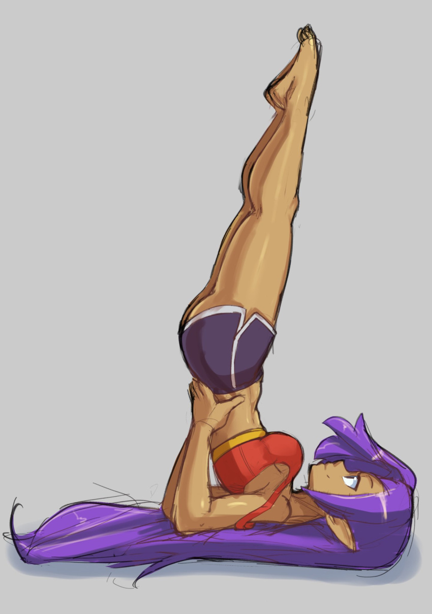 barefoot breasts brown_body brown_skin clothing exercise feet female fingers genie hair hi_res humanoid humanoid_pointy_ears long_hair not_furry nudiedoodles purple_hair shantae shantae_(series) simple_background smile solo toes wayforward