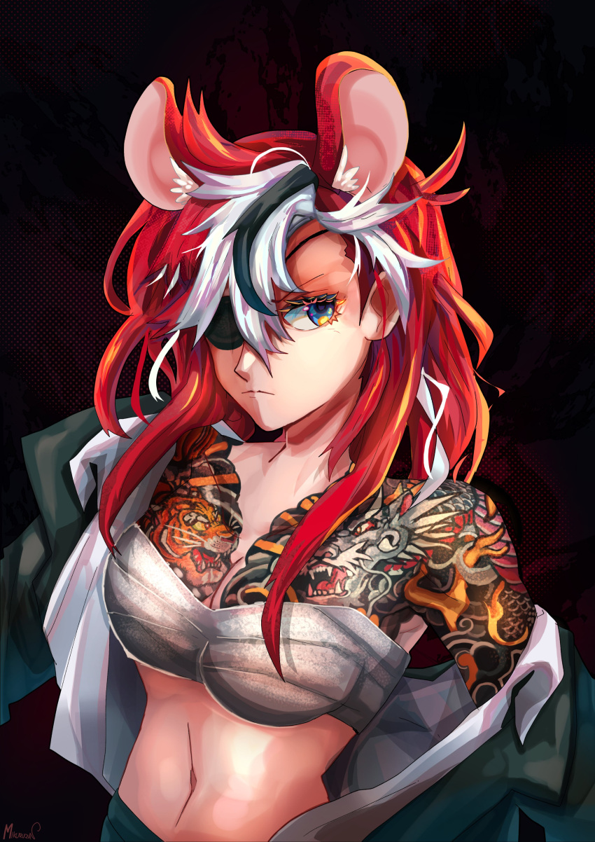1girl absurdres animal_ears bare_shoulders black_background chest_sarashi expressionless eyepatch hakos_baelz highres hololive hololive_english long_hair miku_(mikururun) mouse_ears mouse_girl multicolored_hair navel red_hair sarashi solo streaked_hair suit tattoo virtual_youtuber white_hair yakuza