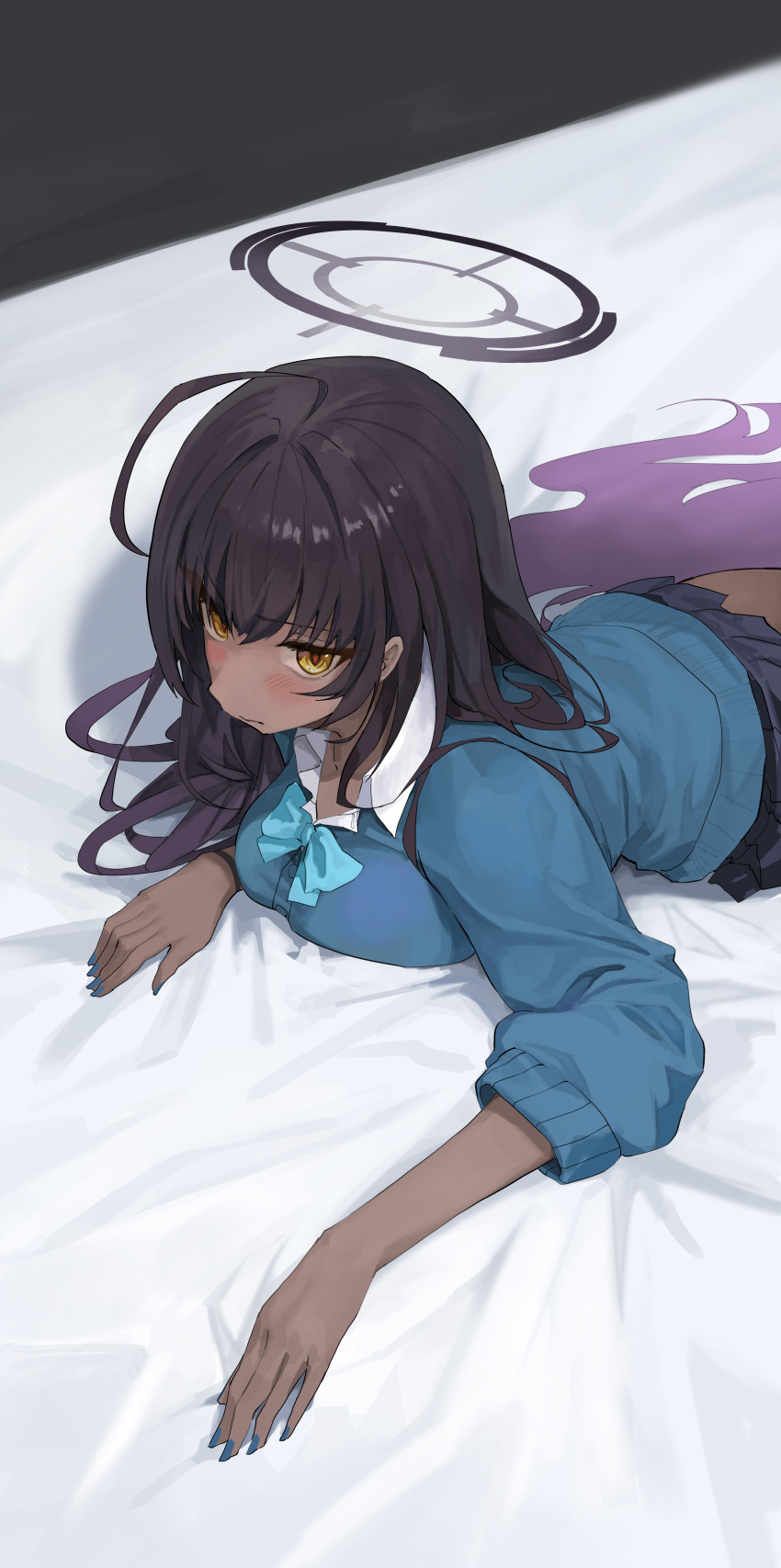 1-5iro 1girl absurdres ahoge bed_sheet black_hair black_skirt blue_archive blue_bow blue_bowtie blue_cardigan blue_nails blush bow bowtie breasts buttons cardigan closed_mouth collared_shirt dark-skinned_female dark_skin fingernails halo highres karin_(blue_archive) large_breasts long_hair long_sleeves lying nail_polish on_stomach pleated_skirt purple_halo shirt skirt solo white_shirt yellow_eyes