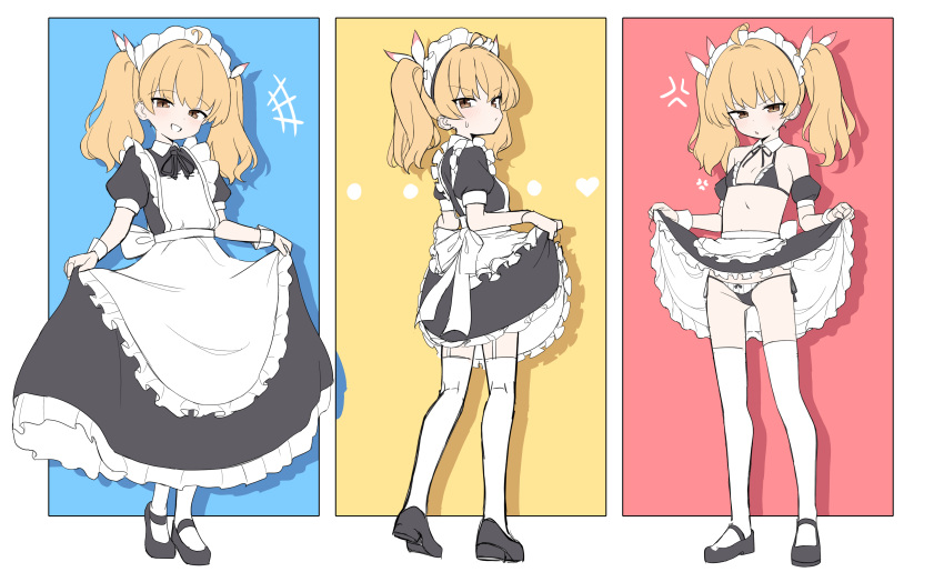 1girl absurdres ahoge alternate_costume anger_vein apron bikini black_bikini black_dress black_footwear blonde_hair blue_archive closed_mouth dress enmaided flat_chest frilled_apron frilled_dress frills grin heart highres lettu long_hair maid maid_apron maid_bikini maid_headdress multiple_views no_halo parted_lips shoes smile swimsuit thighhighs twintails unconventional_maid waist_apron white_apron white_thighhighs yellow_eyes yoshimi_(blue_archive)