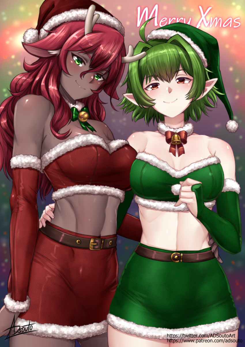 2girls adsouto ahoge animal_ears antlers bell belt breasts bridal_gauntlets dark-skinned_female dark_skin deer_antlers deer_ears deer_girl detached_sleeves dress elf fur_trim green_eyes green_hair hair_between_eyes hair_intakes hand_on_another's_hip hat highres large_breasts long_sleeves looking_at_viewer medium_breasts merry_christmas multiple_girls navel neck_bell orange_eyes original pointy_ears red_hair santa_costume santa_dress santa_hat short_hair signature smile very_dark_skin very_short_hair