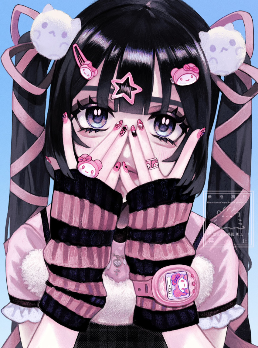 1girl animal_hair_ornament arm_warmers bandaid bandaid_on_hand black_hair commentary fur-trimmed_shirt fur_trim hair_ornament hair_ribbon hairclip hands_on_own_face hands_up highres jewelry layered_clothes long_hair looking_at_viewer min_(mts2314) nail_art nail_polish necklace purple_eyes ribbon ring shirt short_sleeves solo star_(symbol) star_hair_ornament straight-on striped_arm_warmers symbol-only_commentary tamagotchi twintails upper_body watch wristwatch