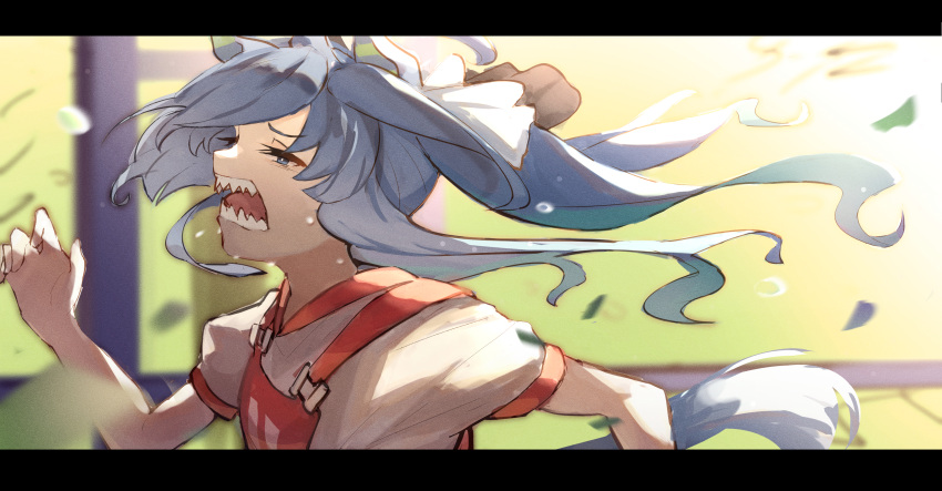 1girl absurdres ahoge animal_ears blue_eyes blue_hair commentary_request confetti grass highres horse_ears horse_girl letterboxed open_mouth original_race_uniform_(umamusume) outdoors race_bib running sharp_teeth shirt short_sleeves siena_(moratoriummaga) solo sweat sweatdrop teeth twin_turbo_(umamusume) twintails umamusume upper_body white_shirt