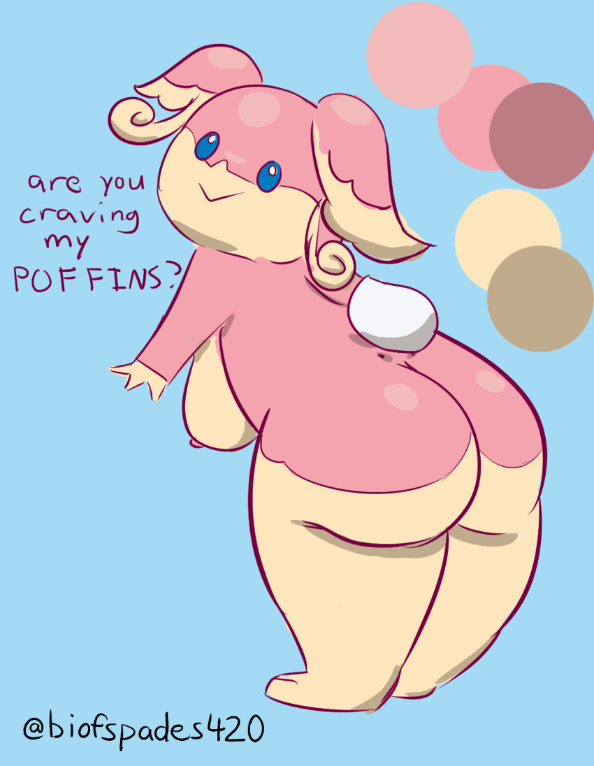 audino biofspades420 blue_eyes breasts butt digital_media_(artwork) english_text female feral generation_5_pokemon hi_res looking_at_viewer looking_back nintendo nipples nude pink_body pokemon pokemon_(species) presenting presenting_hindquarters side_boob simple_background slightly_chubby solo tail text thick_thighs