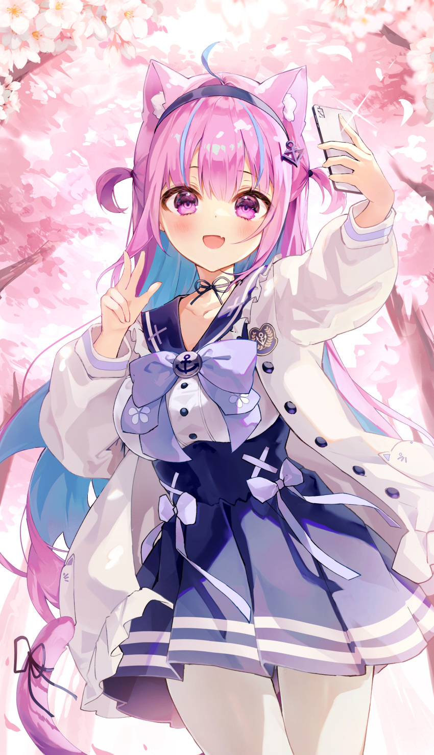 1girl absurdres ahoge anchor_hair_ornament anchor_symbol animal_ear_fluff animal_ears blue_bow blue_hair blue_hairband blush bow cat_ears cat_tail cellphone cherry_blossoms colored_inner_hair cowlick frilled_sailor_collar frills hair_ornament hairband highres holding holding_phone hololive iop5509 long_sleeves looking_at_viewer minato_aqua minato_aqua_(sailor) multicolored_hair official_alternate_costume open_mouth phone pink_hair pleated_skirt purple_eyes sailor_collar selfie short_twintails skirt solo streaked_hair tail twintails two-tone_hair unbuttoned v virtual_youtuber