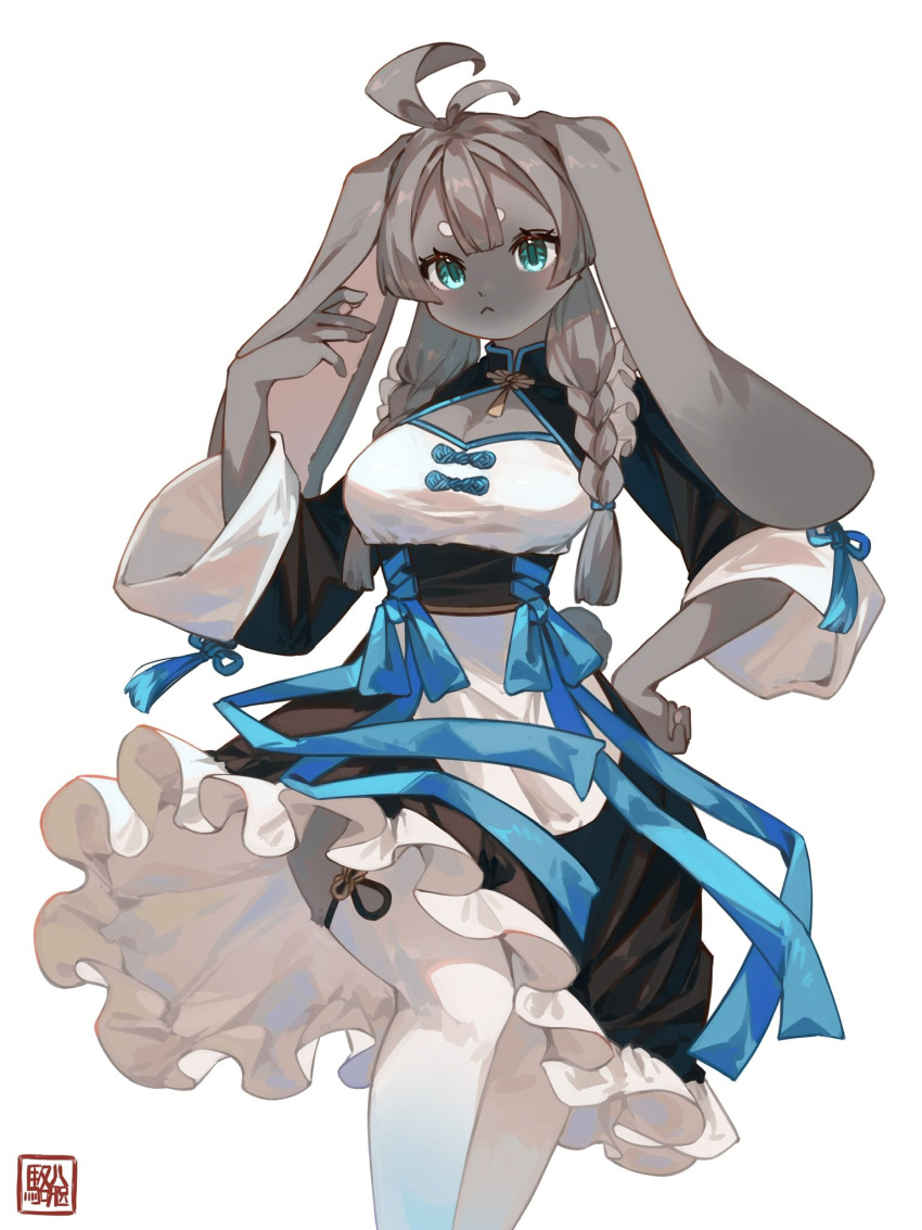 1girl :&lt; animal_ears antenna_hair apron aqua_eyes artist_name black_skirt blue_ribbon blunt_bangs braid brown_hair cleavage_cutout clothing_cutout collared_shrug commentary expressionless feet_out_of_frame floppy_ears frilled_skirt frills furry furry_female hand_on_own_hip hand_up highres hikimayu kawarage_yatano long_hair looking_at_viewer maid original qi_maid rabbit_ears rabbit_girl rabbit_tail ribbon shrug_(clothing) side_braids simple_background skirt solo standing tail tassel thighhighs twin_braids white_apron white_background white_thighhighs wide_sleeves