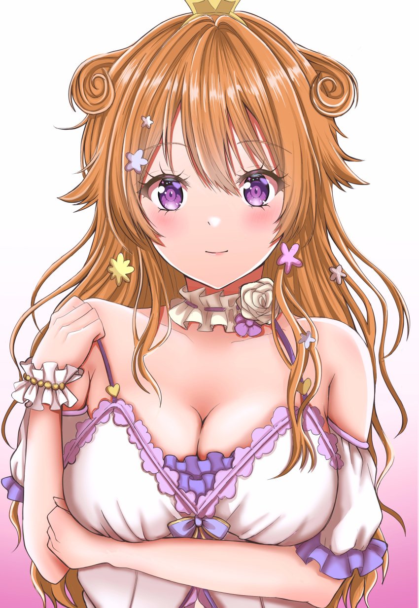 1girl absurdres blush breasts cleavage collarbone commentary highres konoe_kanata large_breasts long_hair looking_at_viewer love_live! love_live!_nijigasaki_high_school_idol_club meimaru orange_hair purple_eyes solo upper_body