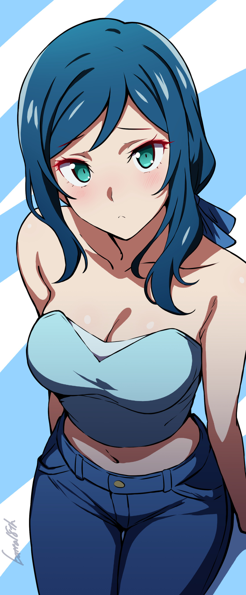 1girl absurdres aqua_eyes bare_shoulders batta_16-sei blue_background blue_hair blue_pants blue_ribbon blue_shirt blush breasts cleavage closed_mouth collarbone commentary cowboy_shot crop_top denim from_above frown gundam gundam_build_fighters hair_ribbon highres iori_rinko jeans looking_at_viewer mature_female medium_breasts medium_hair midriff navel pants ribbon shirt signature simple_background solo strapless strapless_shirt thigh_gap two-tone_background white_background