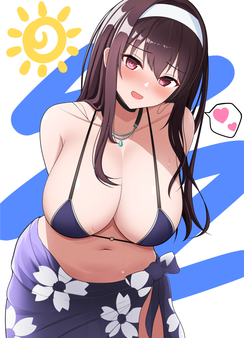 1girl :d absurdres black_choker breasts brown_hair child's_drawing choker collarbone commentary_request floral_print hairband heart highres jewelry kasumigaoka_utaha large_breasts leaning_forward long_hair looking_at_viewer navel necklace open_mouth print_sarong red_eyes saenai_heroine_no_sodatekata sarong siguren126 smile solo speech_bubble spoken_heart stomach sun white_background white_hairband