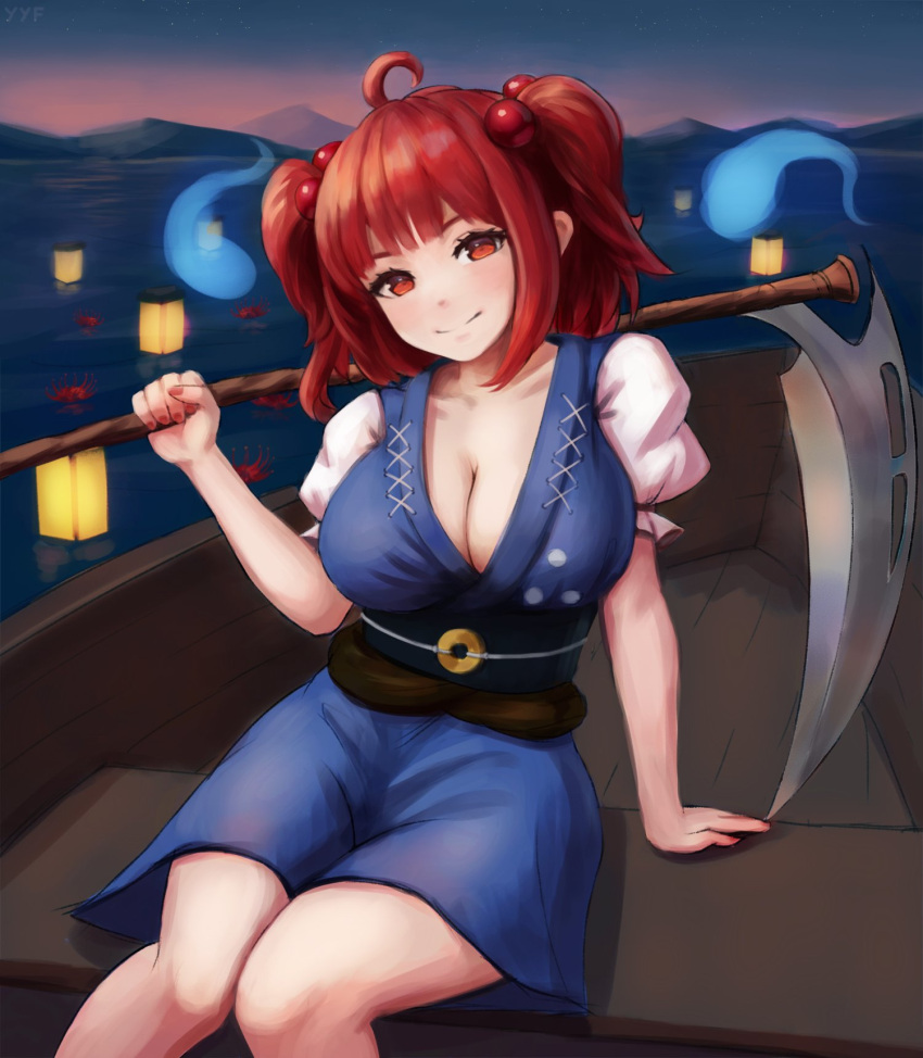 1girl blush boat breasts brown_sash cleavage dress hair_bobbles hair_ornament highres hitodama holding holding_scythe lantern large_breasts looking_at_viewer onozuka_komachi red_eyes red_hair sash scythe short_sleeves sitting skirt smile solo touhou two_side_up watercraft yyf_(seaknight)