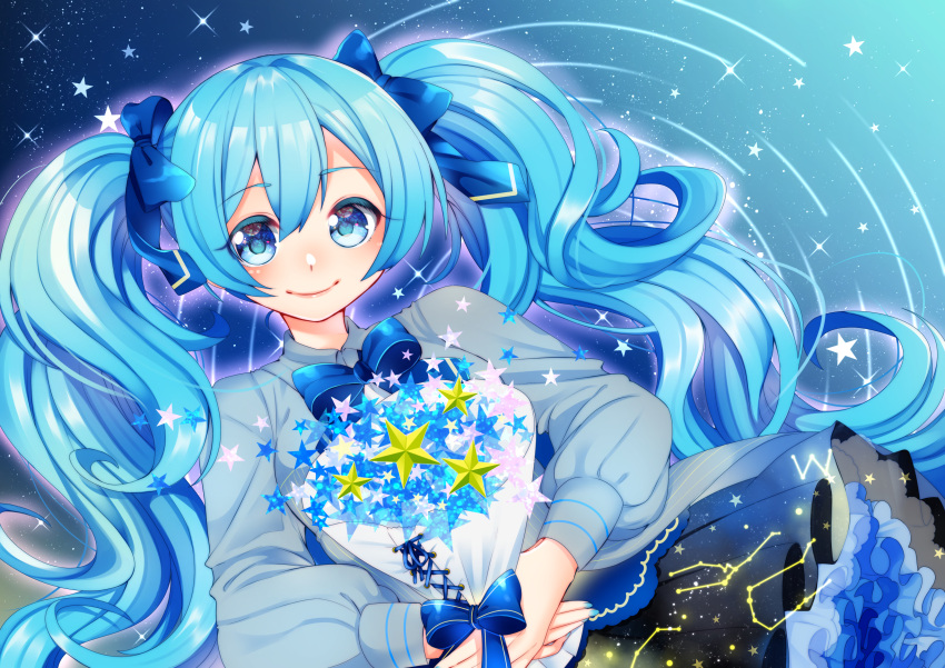 1girl absurdres blue_eyes blue_hair blush bouquet bow bowtie collared_shirt constellation constellation_print frilled_skirt frills hair_bow hatsune_miku highres holding holding_bouquet long_hair long_sleeves looking_at_viewer masumofu nail_polish night night_sky ripples shirt skirt sky smile solo sparkle star_(sky) star_(symbol) starry_sky very_long_hair vocaloid