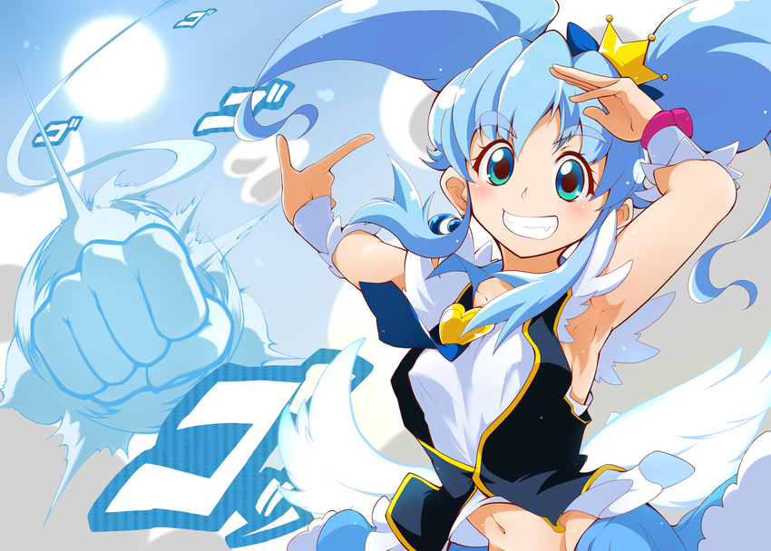 armpits ashita_wa_hitsuji blue_background blue_eyes blue_hair blue_skirt blush crown cure_princess earrings eyelashes grin hair_ornament hair_ribbon happinesscharge_precure! happy highres jewelry long_hair looking_at_viewer magical_girl midriff navel open_mouth precure ribbon shirayuki_hime shirt skirt smile solo sun twintails vest wrist_cuffs