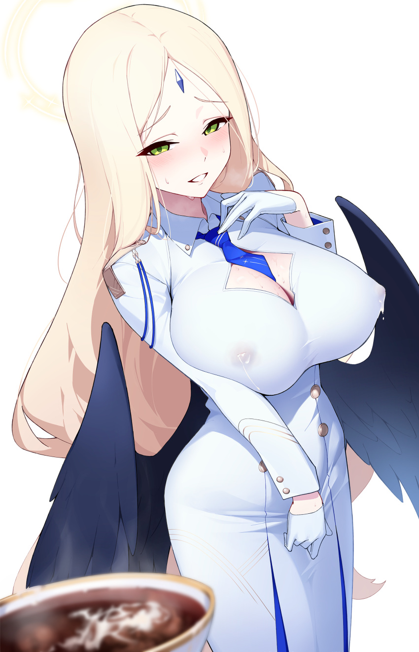 1girl absurdres ayumu_(blue_archive) black_wings blonde_hair blue_archive blue_necktie blush breasts coffee covered_nipples dress feathered_wings gensui_hime gloves green_eyes halo highres large_breasts long_hair long_sleeves looking_at_viewer necktie open_mouth parted_bangs simple_background smile solo white_background white_dress white_gloves wings yellow_halo
