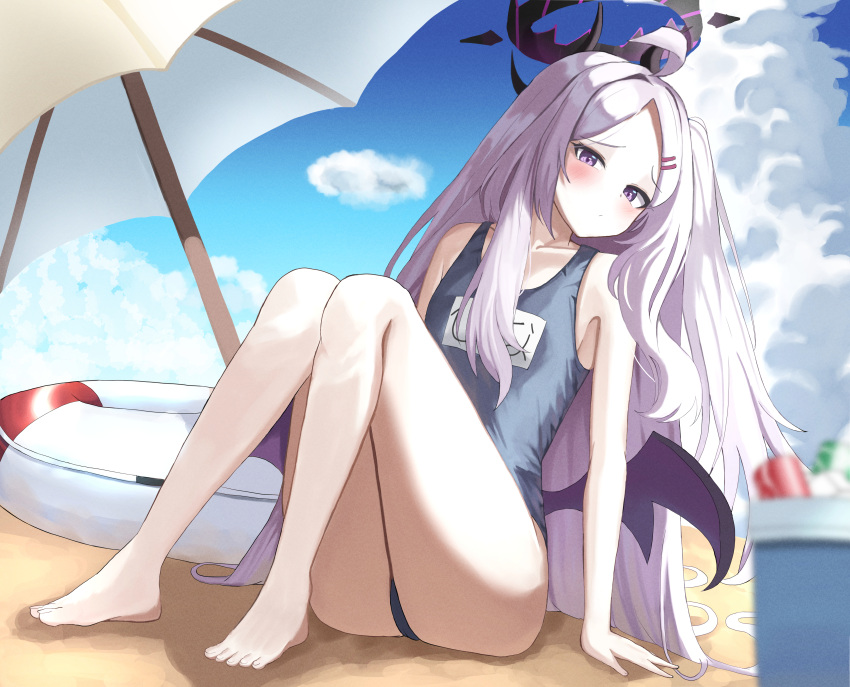 1girl absurdres bare_arms bare_legs bare_shoulders barefoot black_horns black_one-piece_swimsuit black_wings blue_archive blush closed_mouth day demon_horns demon_wings fahufahu flat_chest halo highres hina_(blue_archive) hina_(swimsuit)_(blue_archive) horns long_hair looking_at_viewer name_tag official_alternate_costume one-piece_swimsuit outdoors purple_eyes solo swimsuit very_long_hair white_hair wings