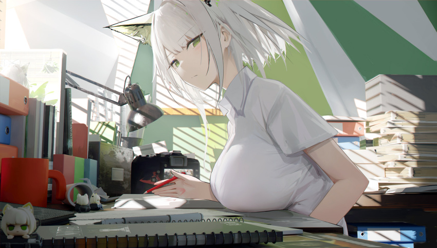 1girl alternate_costume animal_ears arknights book book_stack breasts cat_ears desk green_eyes holding holding_pen kal'tsit_(arknights) large_breasts looking_at_viewer omone_hokoma_agm pen shirt short_hair solo white_hair white_shirt