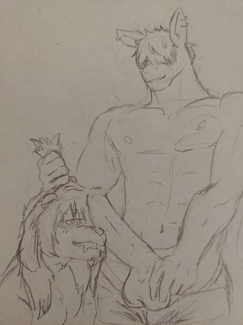 absurd_res anthro big_penis canid canine clothed clothing duo ear_piercing equid equine genitals hair hi_res horse long_hair male male/male mammal penis piercing pulling_hair roda_(rodark4413) slutty_face topless touching_hair virgil_(yafa)