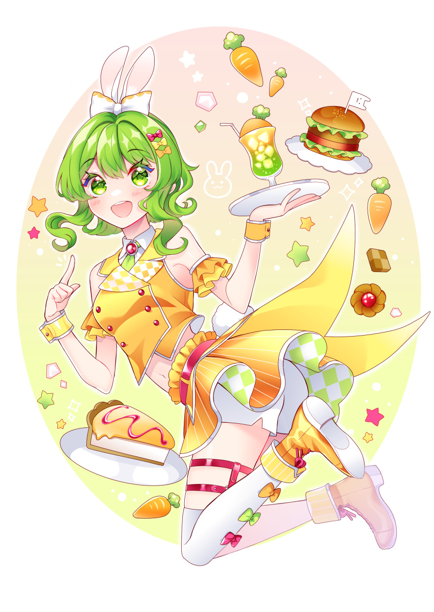 1girl absurdres animal_ears blush boots bow brooch burger buttons carrot checkerboard_cookie collared_shirt cookie crop_top cup detached_sleeves double-breasted drink drinking_straw food full_body green_eyes green_hair gumi hair_bow highres holding holding_tray index_finger_raised jewelry looking_back masumofu navel open_mouth pie pie_slice plate rabbit_ears rabbit_tail shirt short_hair_with_long_locks shorts shorts_under_skirt single_thighhigh skirt sleeveless sleeveless_shirt smile solo star_(symbol) tail thigh_strap thighhighs thumbprint_cookie tray vocaloid wrist_cuffs