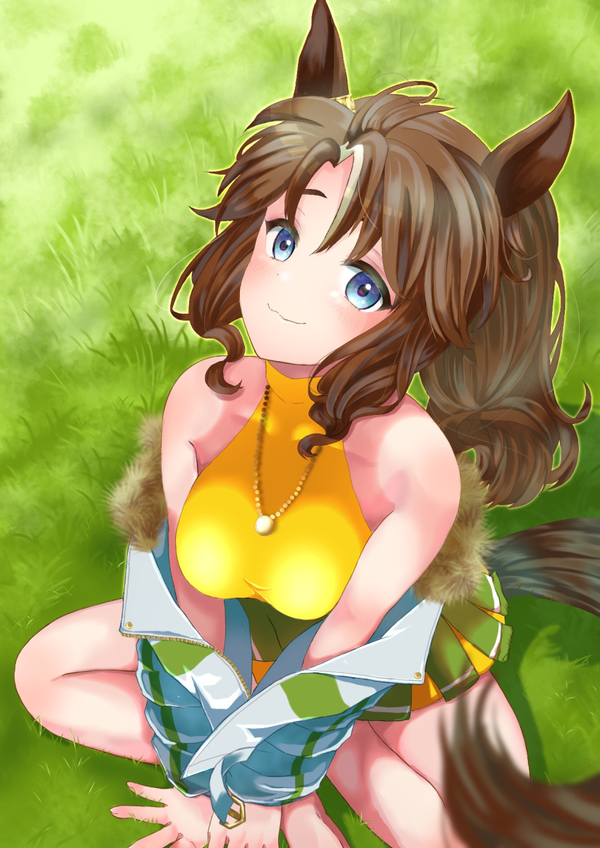 1girl animal_ears bare_shoulders blue_eyes blush breasts closed_mouth commentary_request cropped_shirt ear_ornament fur-trimmed_jacket fur_trim grass green_skirt hair_between_eyes highres horse_ears indian_style jacket jacket_partially_removed jewelry large_breasts long_hair long_sleeves looking_at_viewer mejiro_palmer_(umamusume) multicolored_hair necklace on_grass on_ground outdoors pleated_skirt shirt sitting skirt sleeveless sleeveless_shirt smile solo streaked_hair tk_(takodagon) umamusume white_hair white_jacket yellow_shirt