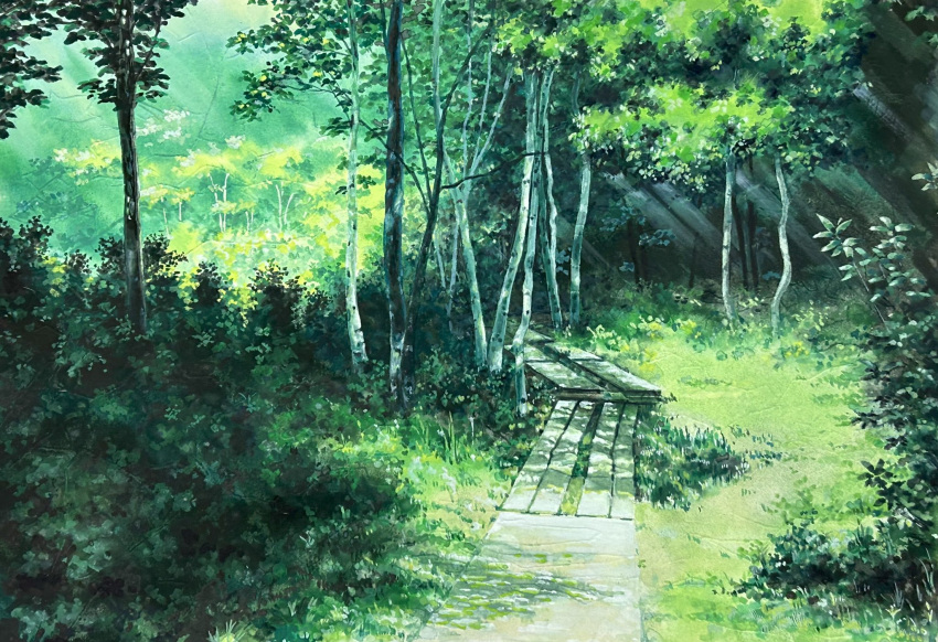 atsumori177 bush day forest grass highres nature original painting_(medium) path plant shadow sunlight traditional_media tree tree_shade