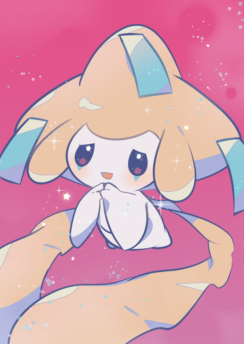 absurdres black_eyes blush colored_skin commentary_request hands_up highres jirachi no_humans open_mouth own_hands_together pink_background pokemon pokemon_(creature) shiramizore_(rate1026) solo sparkle white_skin