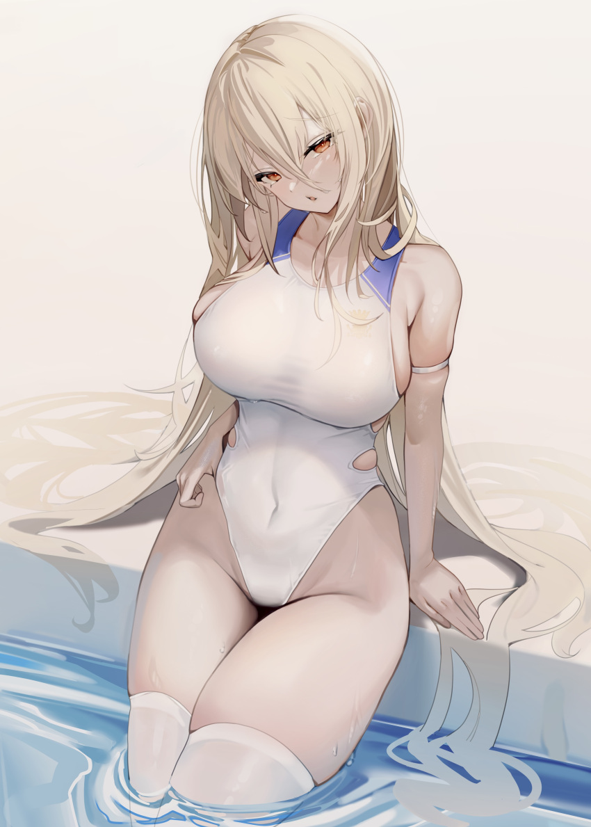 1girl absurdres arm_strap azur_lane bare_shoulders blonde_hair breasts collarbone commission covered_navel daiiichukiii finger_under_clothes furrowed_brow hair_between_eyes head_tilt highleg highleg_swimsuit highres hip_vent huge_breasts implacable_(azur_lane) long_hair looking_at_viewer one-piece_swimsuit parted_lips partially_submerged pixiv_commission red_eyes sideboob sitting skindentation solo swimsuit taut_clothes taut_swimsuit thick_thighs thighhighs thighs very_long_hair water wet white_one-piece_swimsuit white_thighhighs