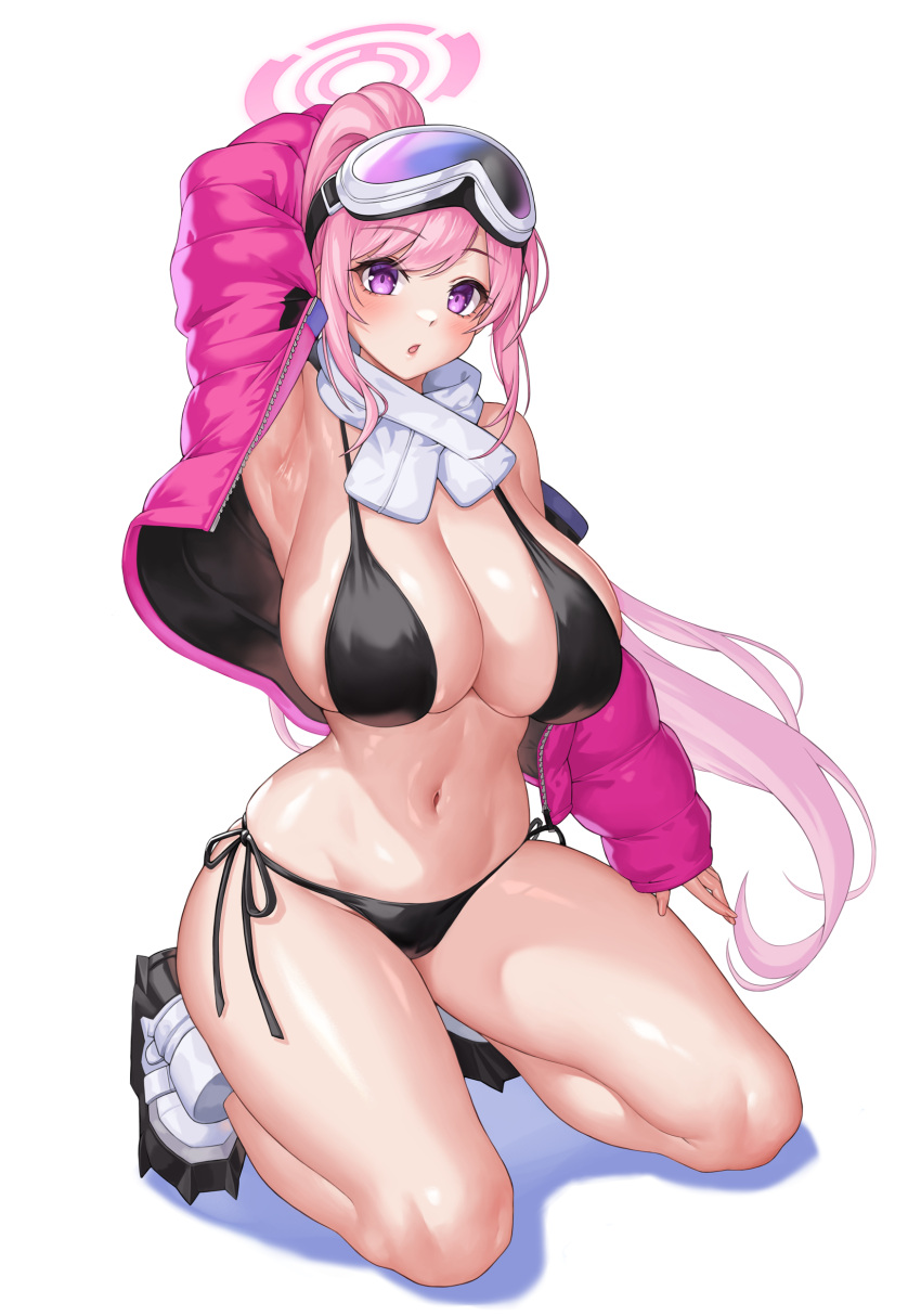 1girl absurdres arm_up armpits bikini black_bikini blue_archive breasts coat eimi_(blue_archive) eimi_(swimsuit)_(blue_archive) halo highres jacket karmiel large_breasts long_hair looking_at_viewer navel official_alternate_costume official_alternate_hairstyle open_clothes open_jacket pink_hair pink_halo pink_jacket ponytail purple_eyes scarf side-tie_bikini_bottom ski_goggles solo squatting stomach swimsuit thighs white_footwear white_scarf winter_clothes winter_coat