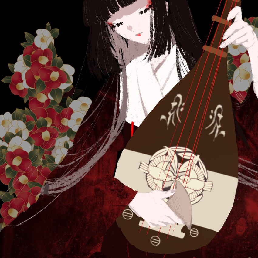 1girl bachi biwa_lute black_background black_hair blunt_bangs closed_eyes closed_mouth commentary_request cowboy_shot expressionless eyeshadow fate/grand_order fate_(series) floral_background flower hand_up haori head_tilt highres hime_cut holding holding_instrument instrument japanese_clothes kimono komahime_(fate) long_hair long_sleeves lute_(instrument) makeup meno_(user_enmn4422) music pale_skin playing_instrument plectrum red_eyeshadow red_flower red_lips right-over-left_kimono solo white_flower white_kimono wide_sleeves