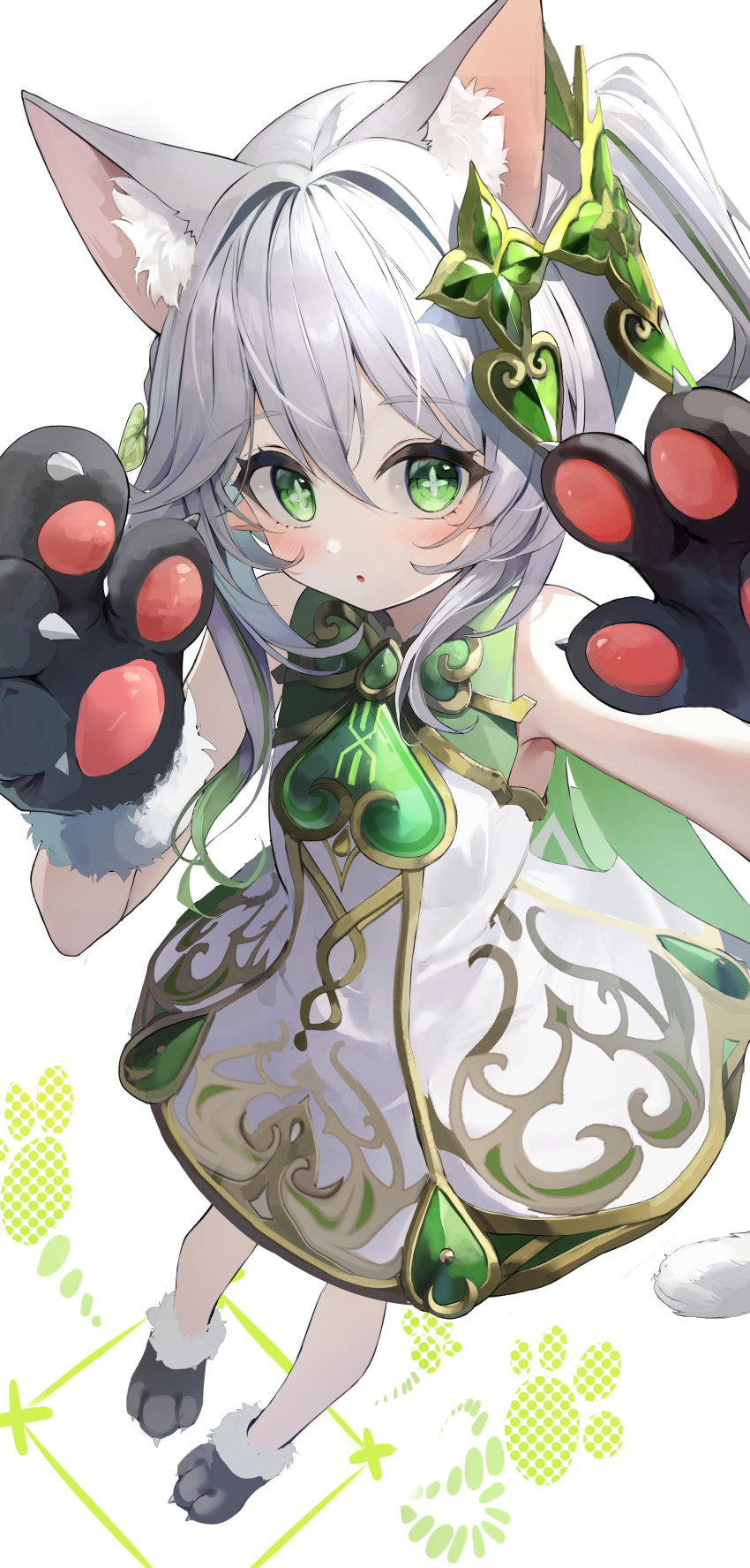 1girl absurdres animal_ear_fluff animal_ears animal_ears_(norankkori) animal_hands bare_shoulders black_footwear blush cat_ears cat_girl cat_paws clover_hair_ornament commentary double-parted_bangs dress fur-trimmed_footwear fur_trim gem genshin_impact gloves green_eyes green_gemstone green_trim hair_between_eyes hair_ornament hands_up highres kemonomimi_mode long_hair looking_at_viewer nahida_(genshin_impact) open_mouth paw_gloves paw_pose paw_shoes side_ponytail simple_background sleeveless sleeveless_dress solo white_background white_dress white_hair