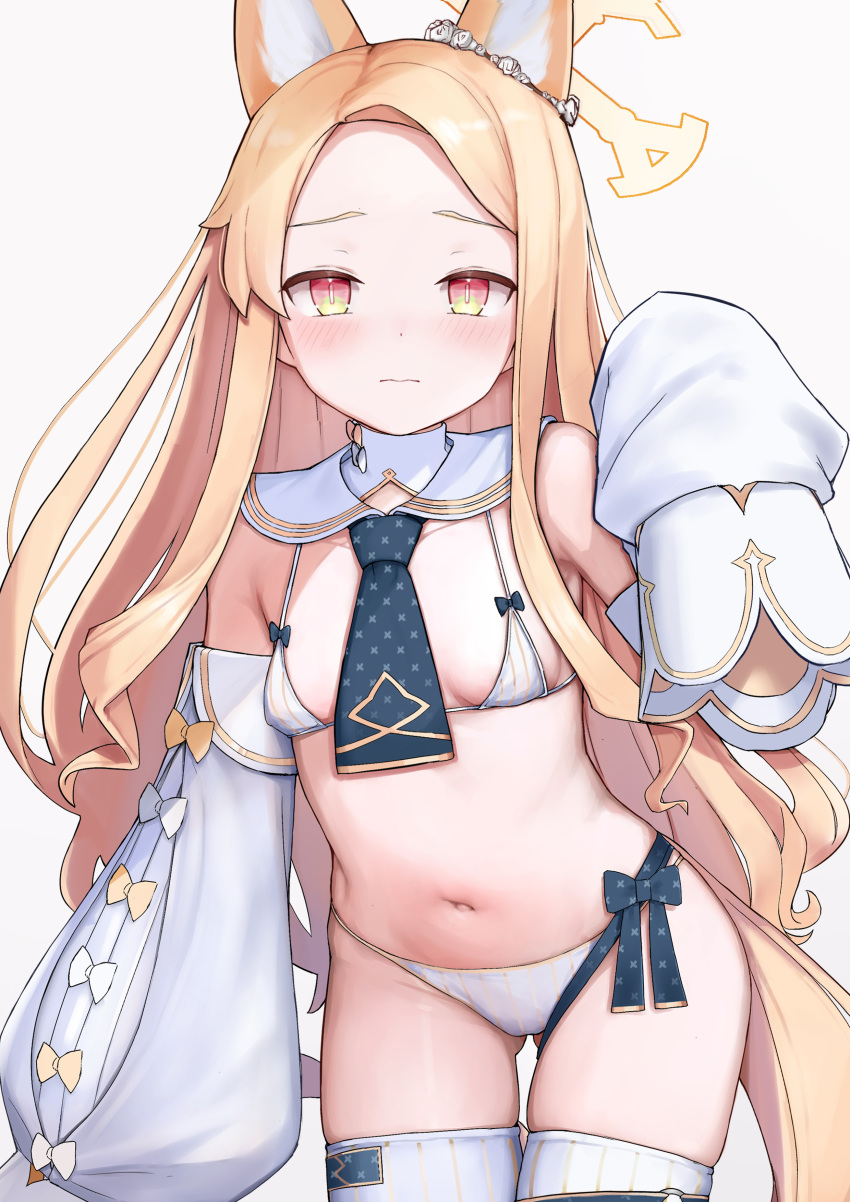 1girl absurdly_long_hair absurdres animal_ears aori_(binnoaori) armpit_crease bikini blonde_hair blue_archive blue_necktie blush bow bow_bikini bright_pupils closed_mouth collar cruciform_halo detached_sleeves fox_ears gradient_eyes groin halo highres light_frown long_hair long_sleeves looking_at_viewer looking_to_the_side micro_bikini multicolored_eyes navel necktie parted_bangs pink_eyes puffy_detached_sleeves puffy_sleeves ribbon seia_(blue_archive) short_necktie sidelocks simple_background skindentation sleeve_bow sleeves_past_fingers sleeves_past_wrists solo striped striped_thighhighs swimsuit thighhighs turtleneck vertical-striped_thighhighs vertical_stripes very_long_hair white_background white_bikini white_bow white_collar white_pupils white_sleeves white_thighhighs wide_hips wide_sleeves yellow_bow yellow_eyes yellow_halo