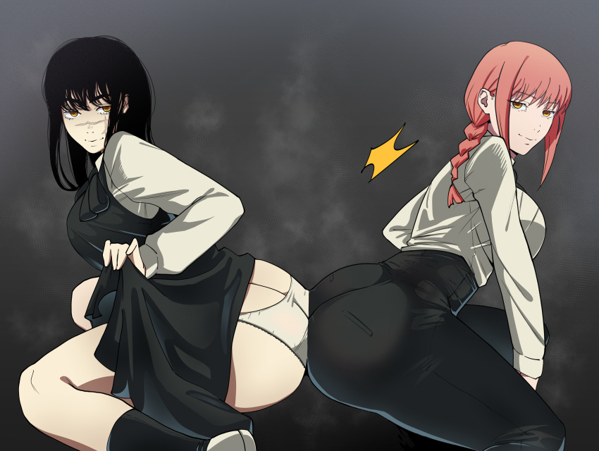 2girls absurdres ass ass-to-ass ass_focus black_hair black_pants braid braided_ponytail chainsaw_man cross_scar dress fourth_east_high_school_uniform high-waist_pants highres long_sleeves looking_at_viewer makima_(chainsaw_man) multiple_girls neck_ribbon office_lady panties pants red_hair ribbon ringed_eyes scar scar_on_cheek scar_on_face school_uniform shirt shirt_tucked_in skin_tight sleeveless sleeveless_dress smile spaghetto087 squatting taut_clothes underwear white_panties white_shirt yoru_(chainsaw_man)