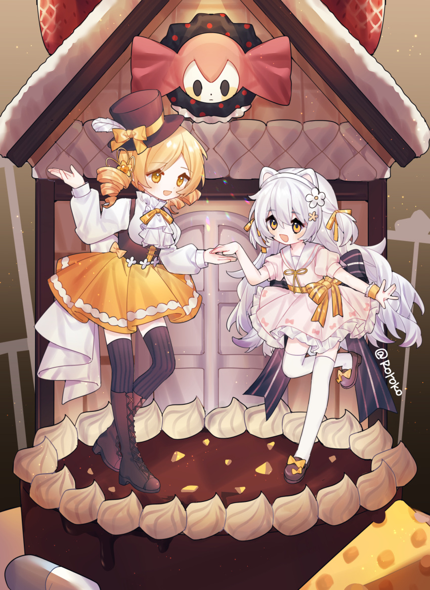 2girls :d animal_ears blonde_hair boots breasts brown_footwear brown_thighhighs cake charlotte_(madoka_magica) cheese chocolate_cake drill_hair fake_animal_ears flower food gingerbread_house hair_flower hair_ornament hair_ribbon hat hat_feather highres knee_boots long_hair mahou_shoujo_madoka_magica mahou_shoujo_madoka_magica:_hangyaku_no_monogatari mahou_shoujo_madoka_magica_(anime) momoe_nagisa multiple_girls neck_ribbon pill ribbon roro_(lolo) sailor_collar single_wrist_cuff smile standing standing_on_one_leg striped striped_thighhighs thighhighs tomoe_mami top_hat twin_drills very_long_hair white_hair white_sailor_collar white_thighhighs wrist_cuffs yellow_eyes yellow_ribbon