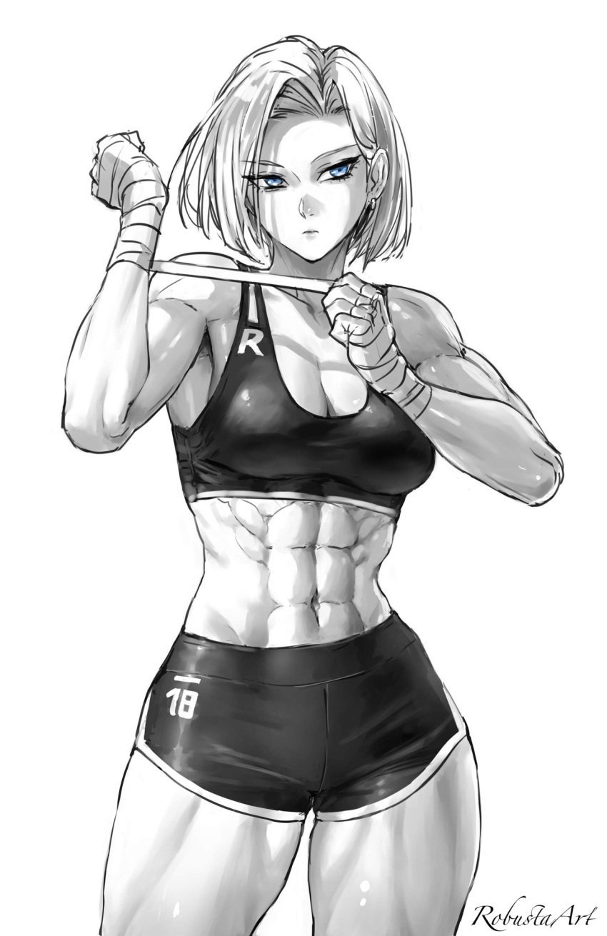 1girl abs android_18 blue_eyes breasts cleavage dragon_ball dragon_ball_z hand_wraps highres looking_to_the_side muscular muscular_female numbered robusta_mania short_hair shorts signature simple_background solo tank_top toned white_background